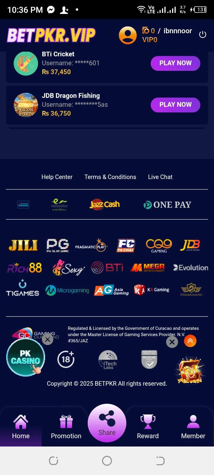 BetPKR app home screen showing popular games after installation