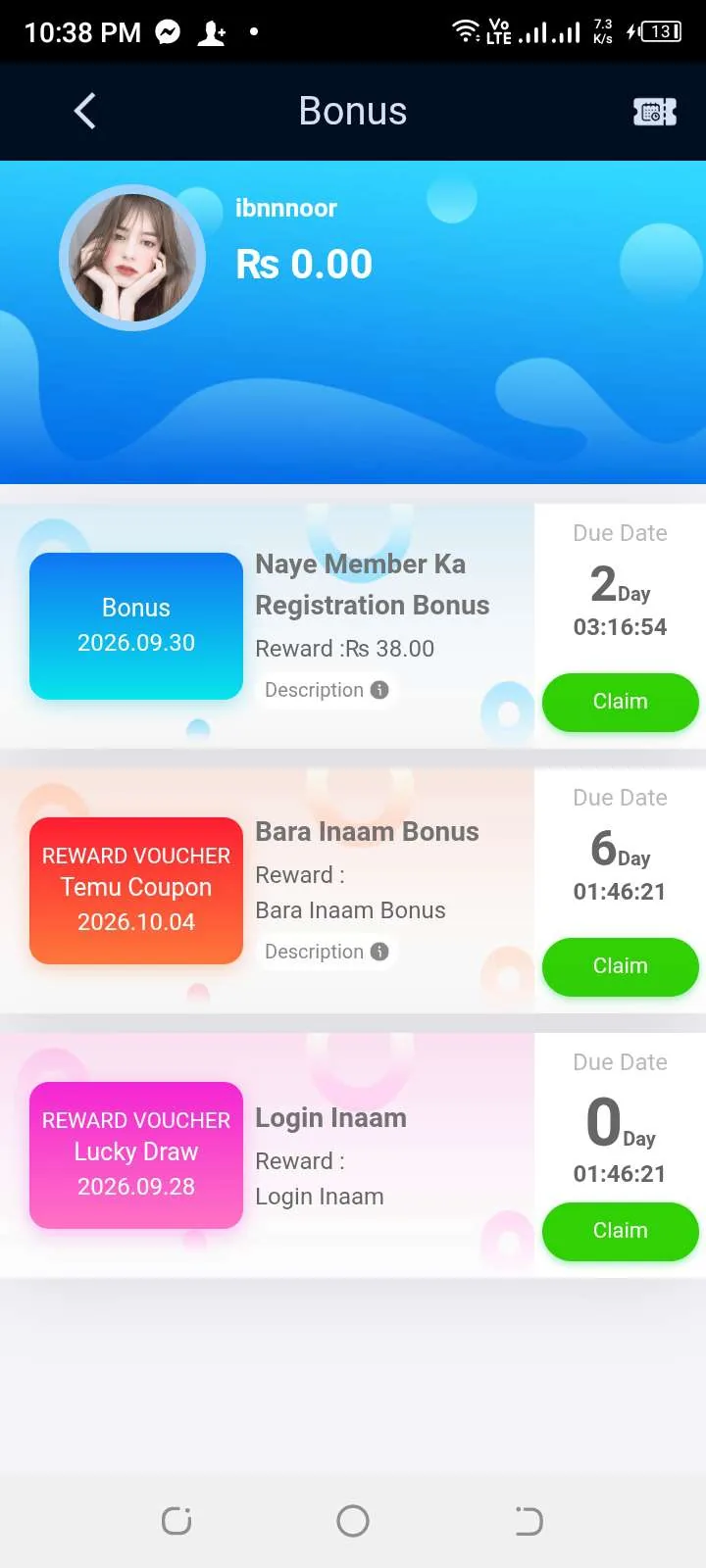 BetPKR bonus center showing the Rs 38 registration bonus