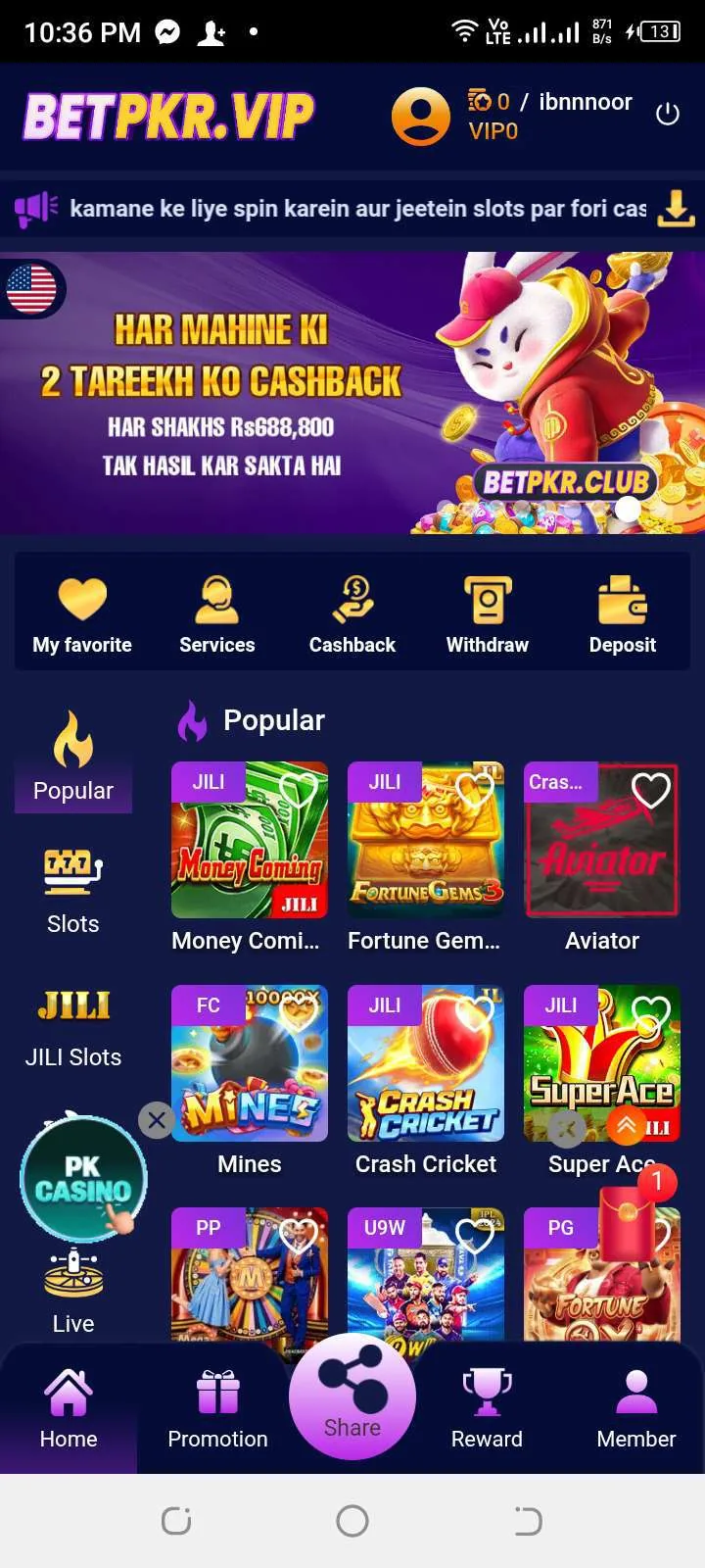 BetPKR games lobby with JILI and other game providers