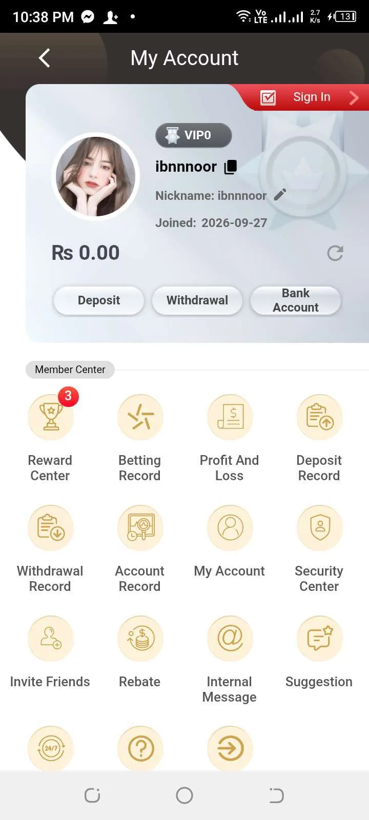 BetPKR member center showing the Deposit Record option