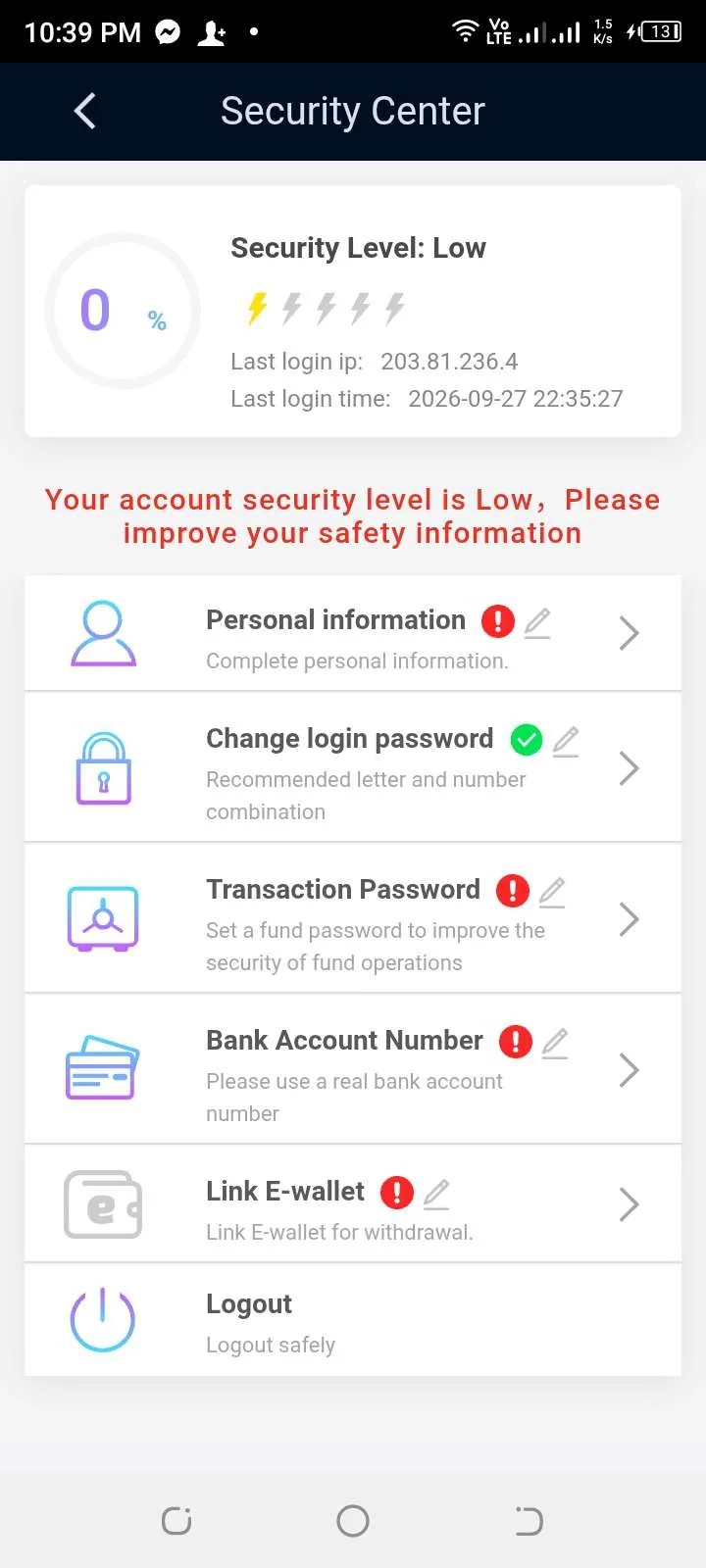 BetPKR Security Center showing Transaction Password setup option