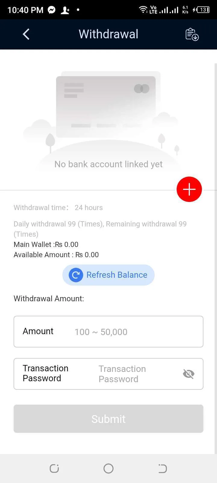BetPKR withdrawal screen showing Rs 100 to Rs 50,000 limits, Main Wallet and Available Amount